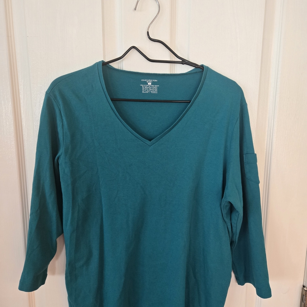 Jones New York Teal V-Neck Long Sleeve Top